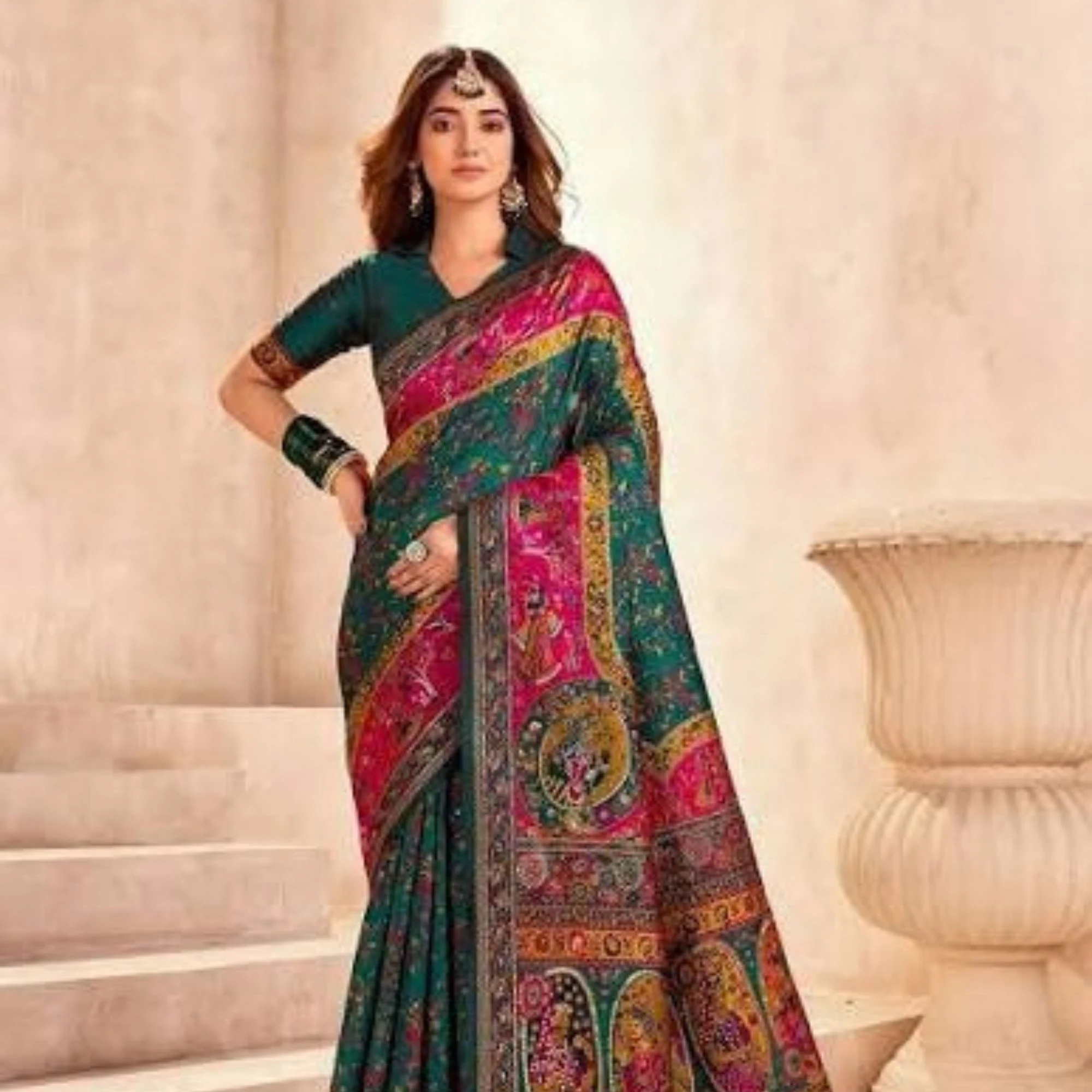 Radiant Navy Green Nylon Dola Pashmina Saree With Luminous Blouse Piece