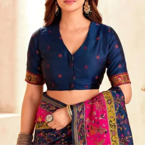 Radiant Navy Blue Nylon Dola Pashmina Saree With Luminous Blouse Piece