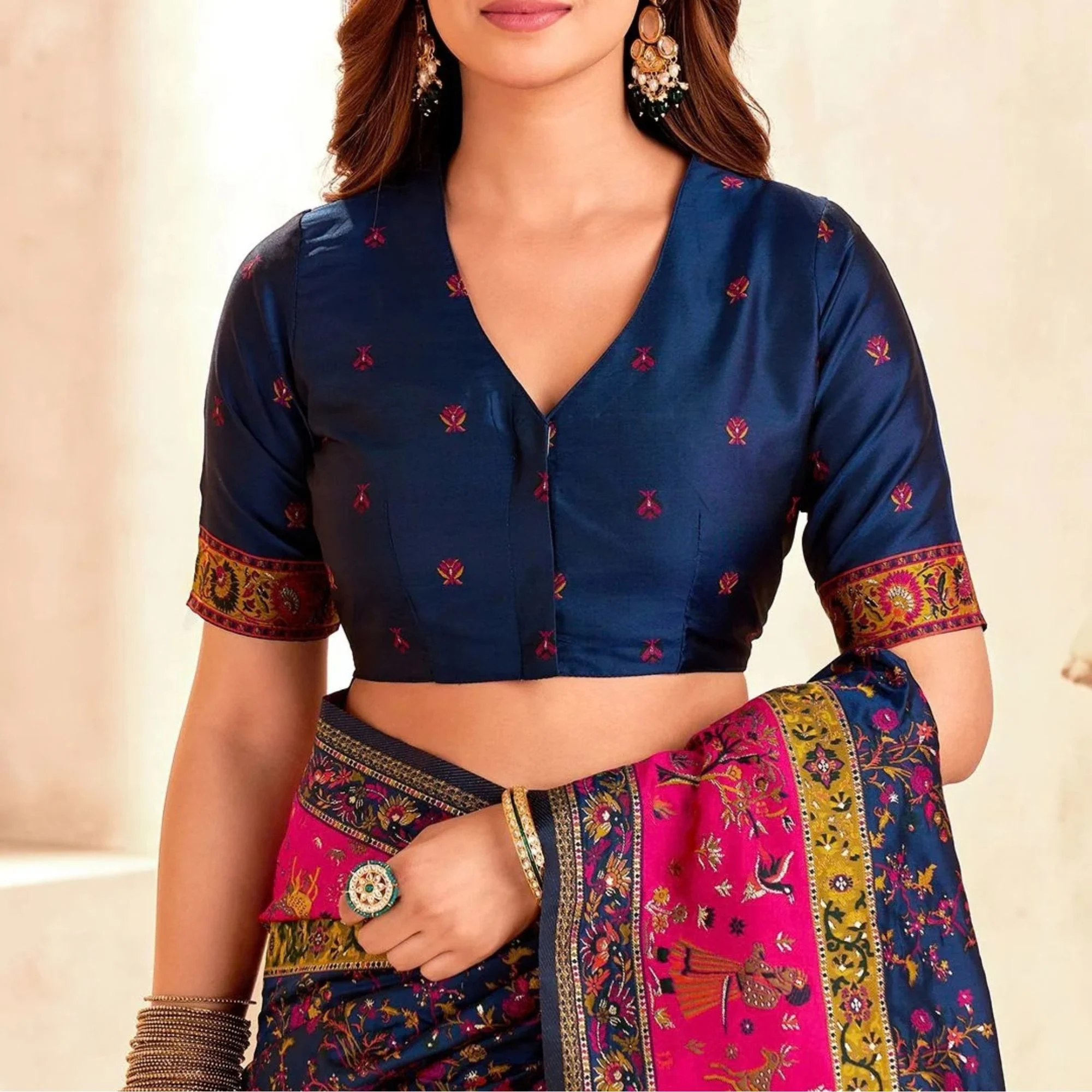 Radiant Navy Blue Nylon Dola Pashmina Saree With Luminous Blouse Piece