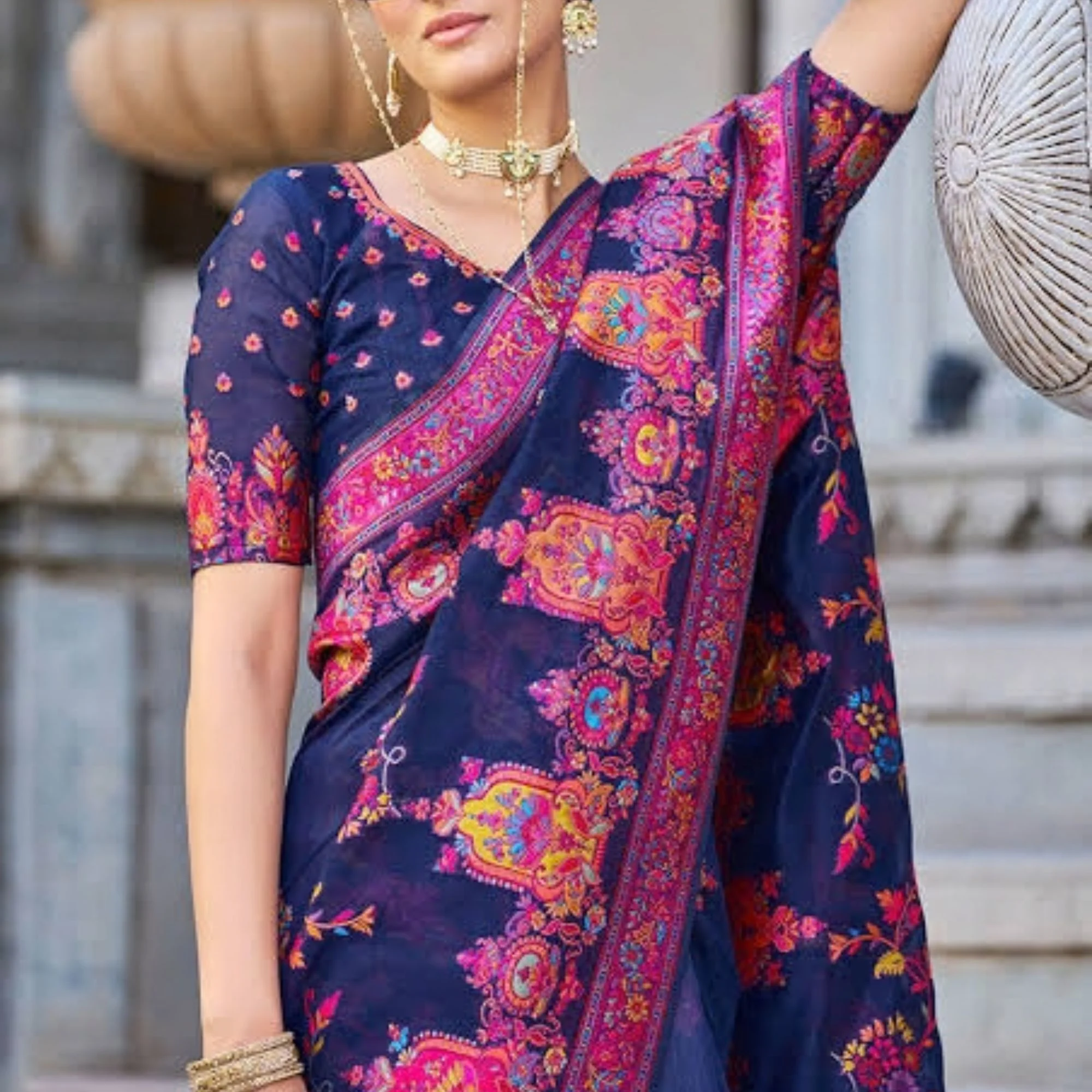 Radiant Navy Blue Nylon Dola Pashmina Saree With Luminous Blouse Piece