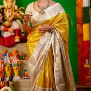 Bucolic Yellow Kanjivaram Silk Saree With Smashing Blouse Piece